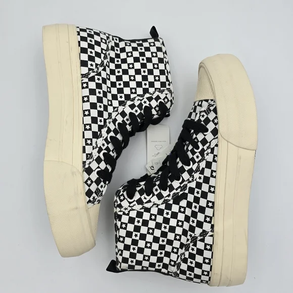 Zara Lace-Up High-Top Canvas Sneakers, Black/White Checkered pattern with stars - Picture 14 of 15